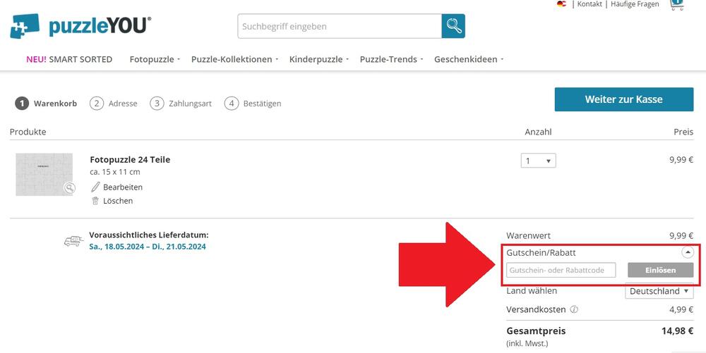 Warenkorbansicht mit Feld zum Einfügen des PuzzleYou-Gutscheins