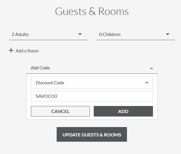 QHotels discount code box with discount code applied