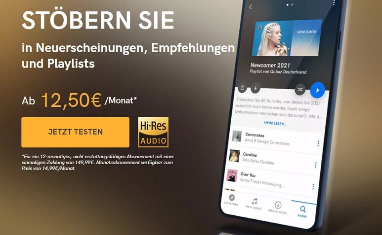Banner mit Handy mit dem Hinweis auf die Möglichkeit, Qobuz kostenlos testen zu können