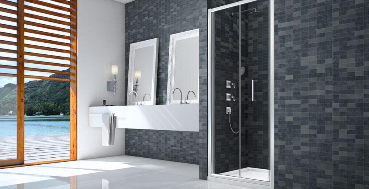 QS Supplies savings banner showing a bathroom with grey tiles, featuring a shower, dual sinks and a large window showing a coastal scene