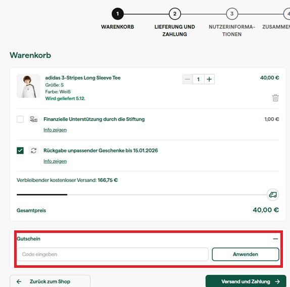 Eingabefeld für einen Queens Rabattcode