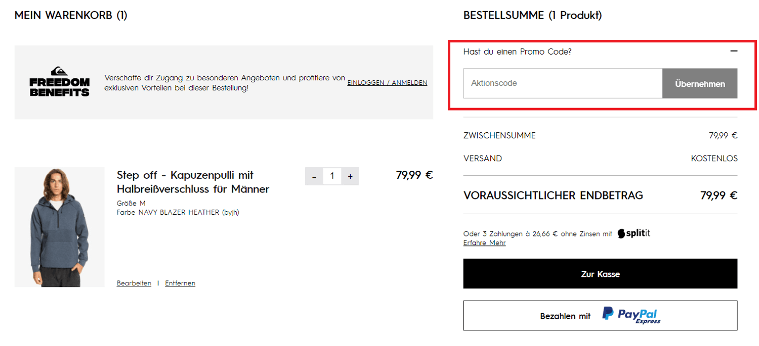 Warenkorb-Ansicht mit Eingabefeld für einen Quiksilver-Gutschein