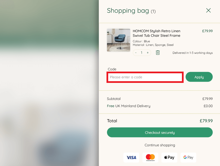Rackhams discount code box within the shopping bag