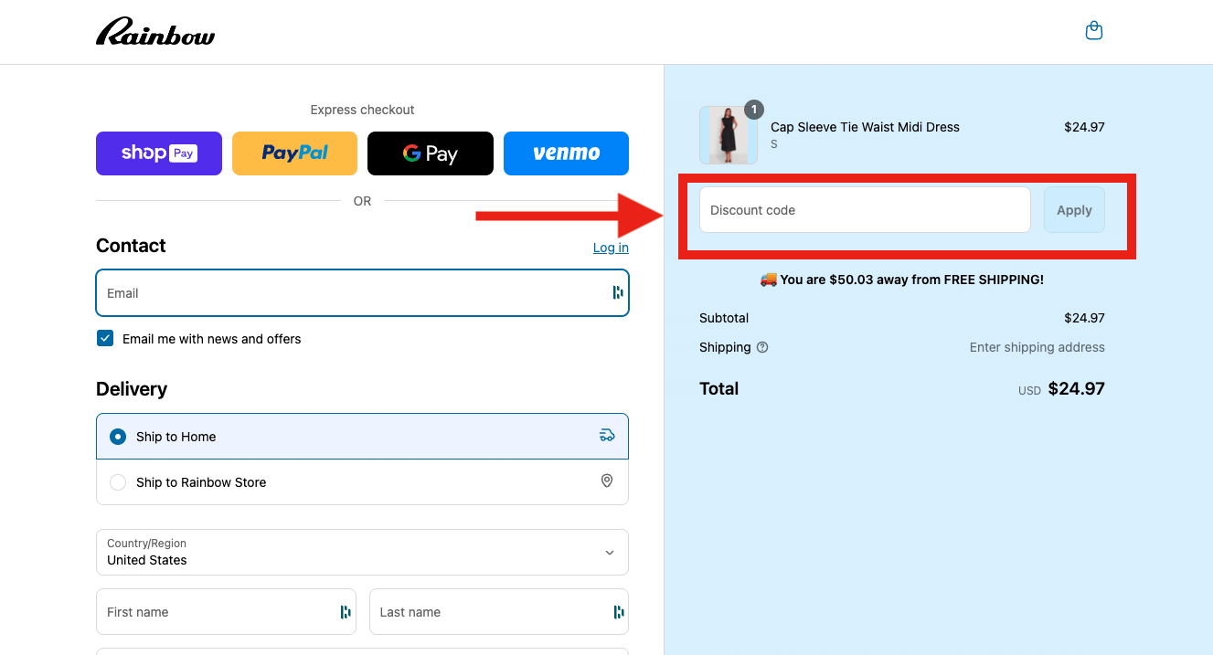 red arrow pointing to rainbow shops discount code box