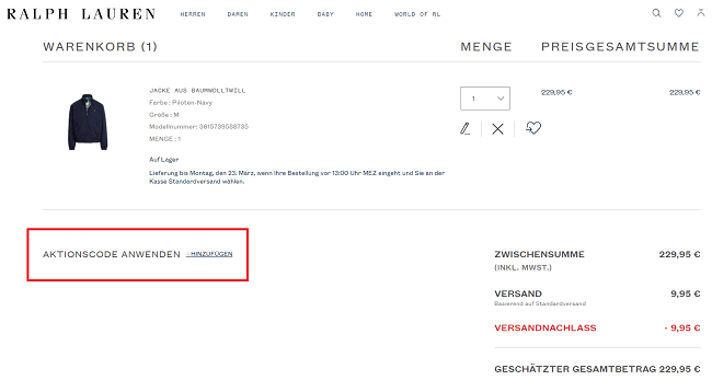 Eingabefeld für den Ralph Lauren Rabattcode im Warenkorb