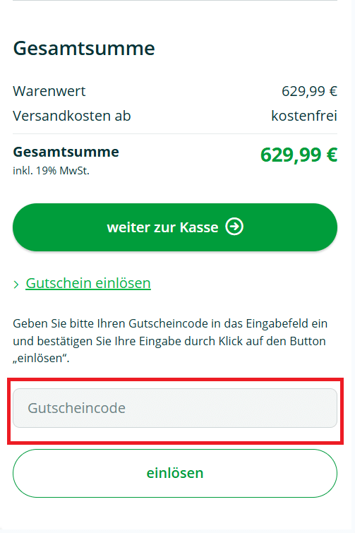 Warenkorb-Screenshot mit Eingabefeld für deinen Rameder Gutschein