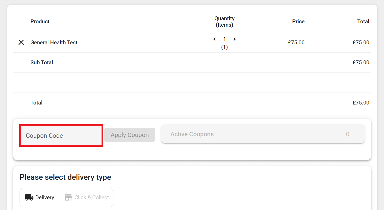 Randox Health discount code box during checkout