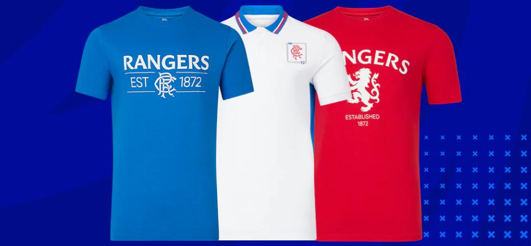 Rangers FC savings guide banner - Image shows 3 official shirts in blue, white and red