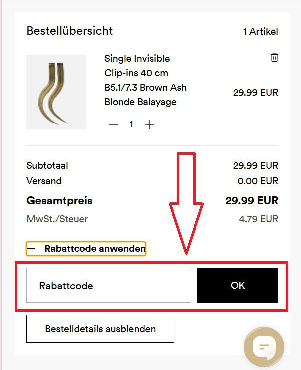 Screenshot vom Eingabefeld mit Hinweis darauf, wo du den Rapunzel of Sweden Rabattcode einlösen kannst
