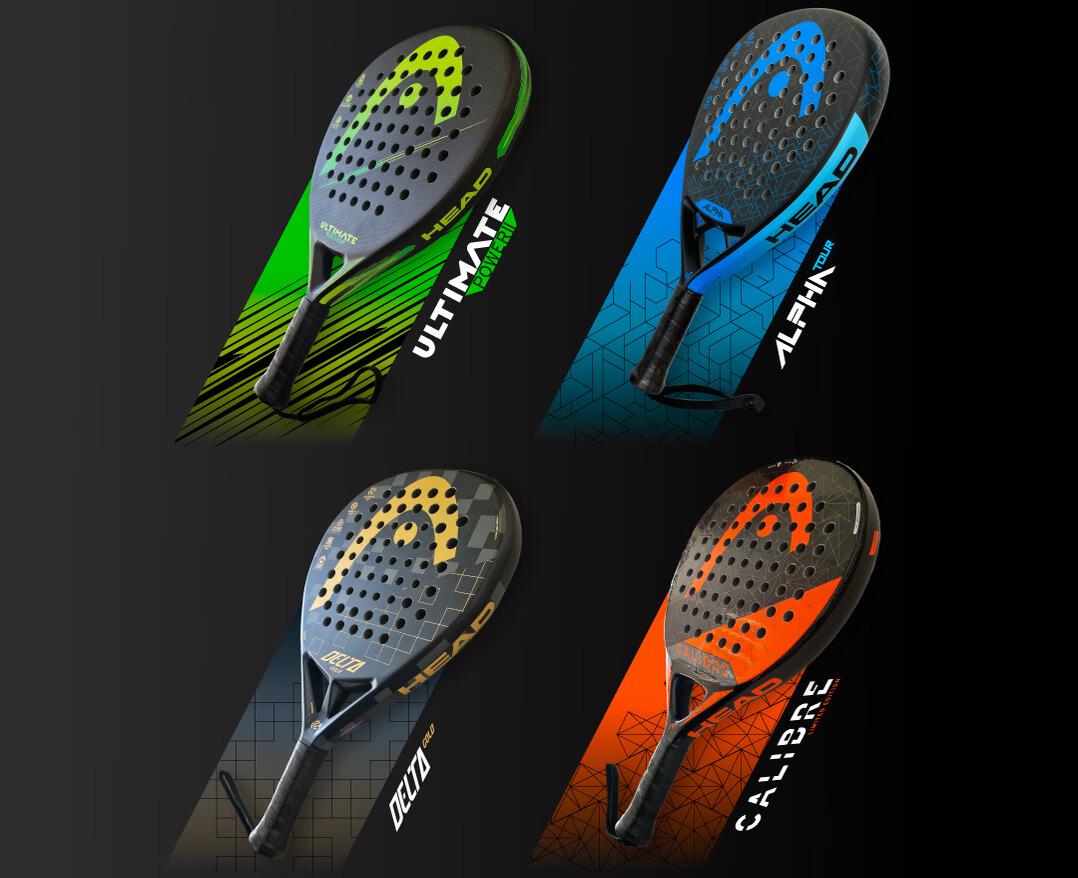 Quatre raquettes Padel Nuestro de différentes couleurs sur fond noir