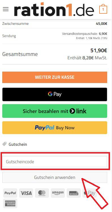 Screenshot vom Eingabefeld für einen ration1 Gutschein