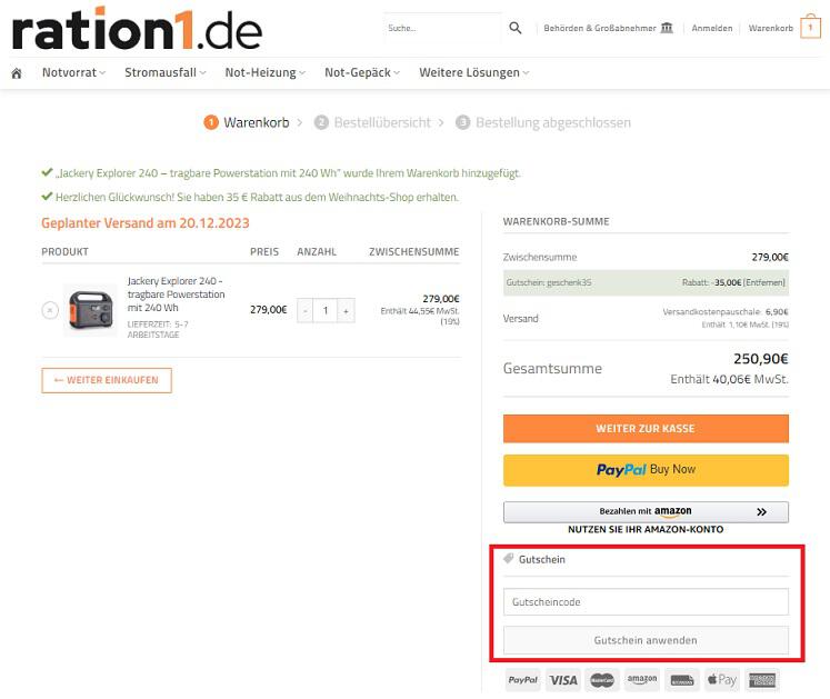 Screenshot vom Eingabefeld für einen ration1 Gutschein