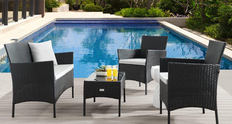 RattanTree how to save guide image - A black and grey rattan furniture set in front of a swimming pool