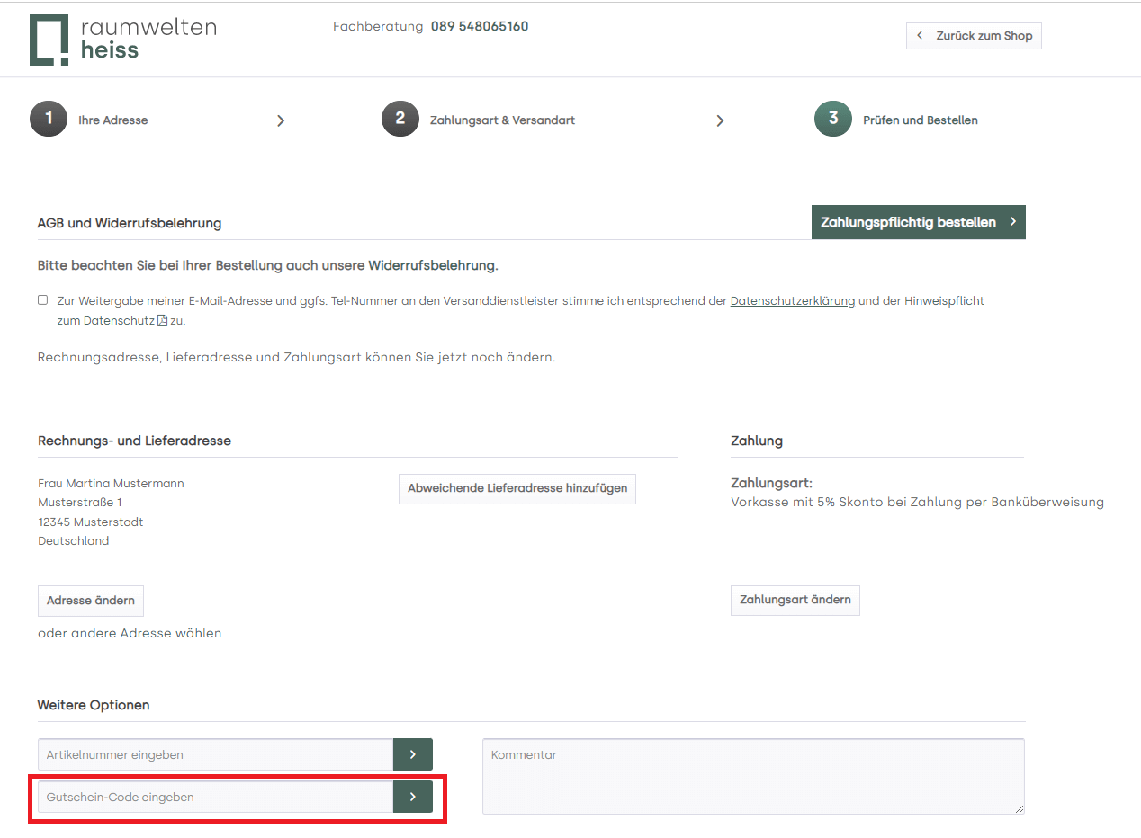 Screenshot vom Eingabefeld für einen raumweltenheiss-Gutschein
