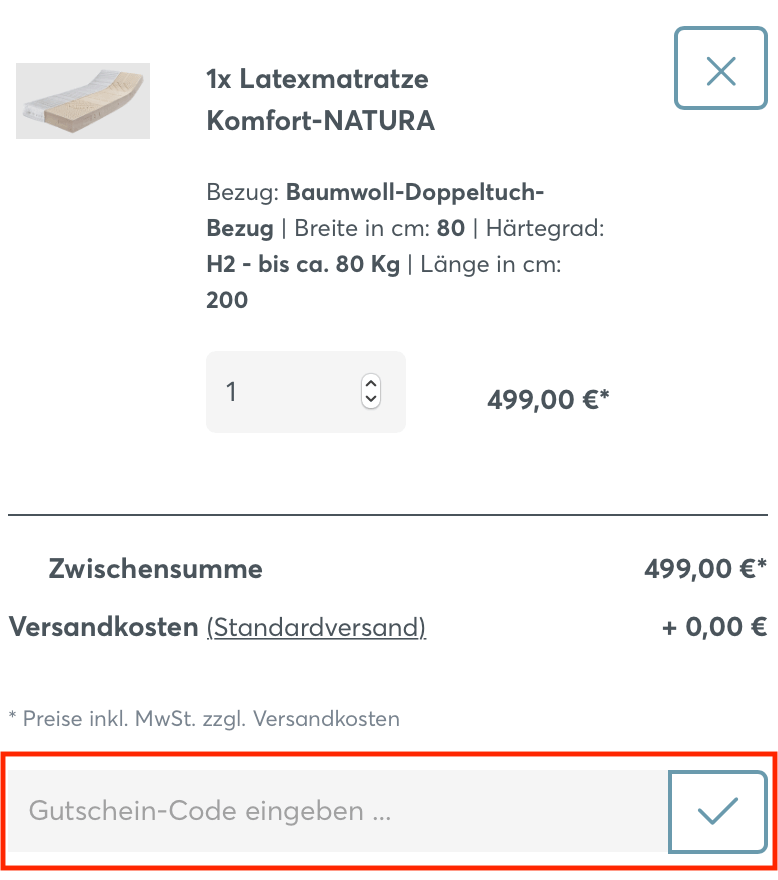 Eingabefeld für den Ravensberger Matratzen Gutschein im Warenkorb
