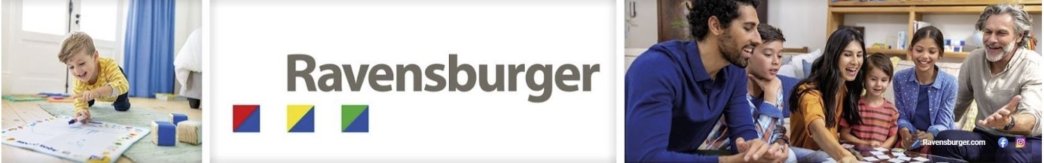 Banner für die Ravensburger-Gutscheinseite mit Bildern von Kindern und Erwachsenen beim Spielen