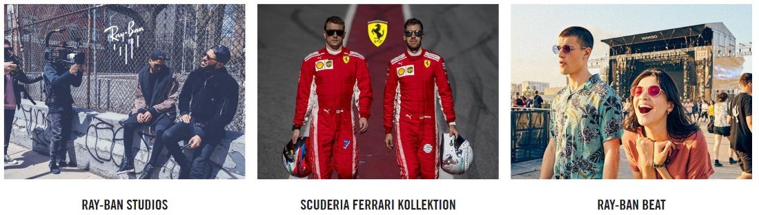 Screenshot der Ray-Ban-Kooperationen mit Studios, Ferrari und Beat