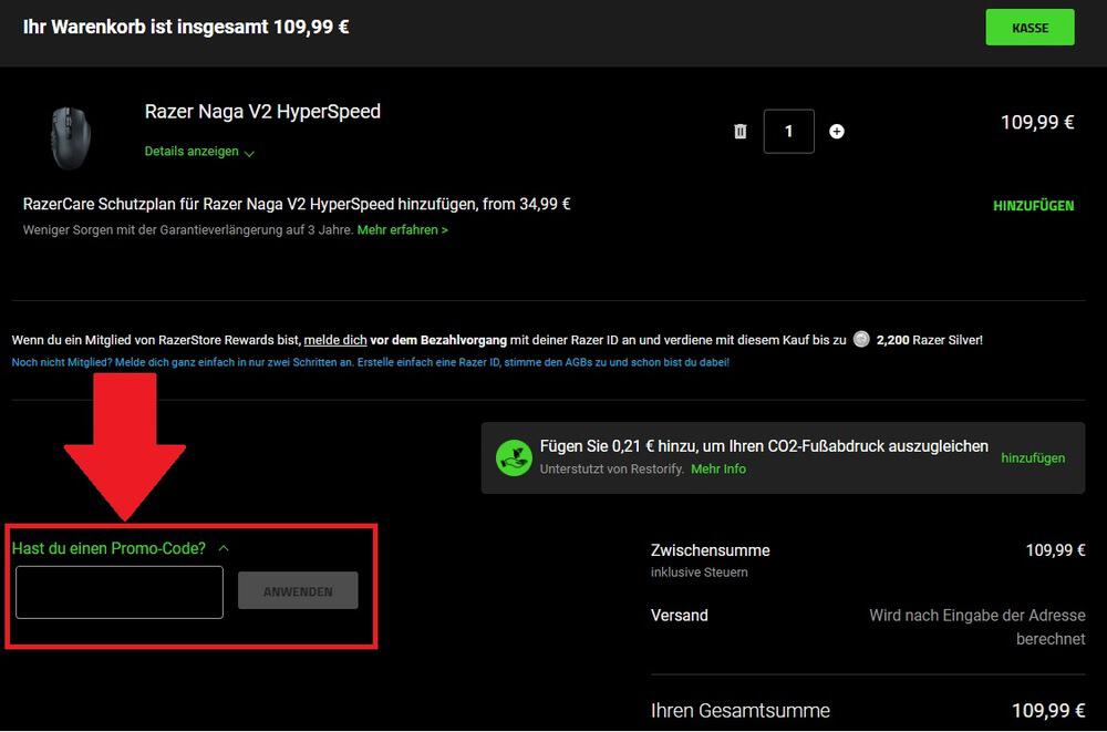 Eingabefeld für Razer Promocodes