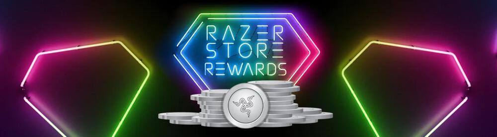 Neonleuchten in Diamantform und Razer Silver Münzen auf Banner für das Razer Rewards Programm