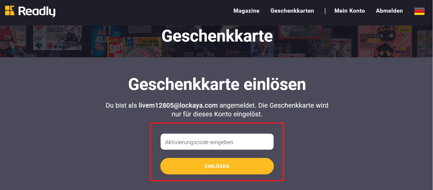 Im Menüpunkt Geschenkkarte kannst du einen Readly-Gutschein einlösen