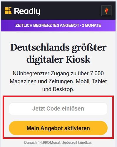 Eingabefeld für einen Readly Rabattcode