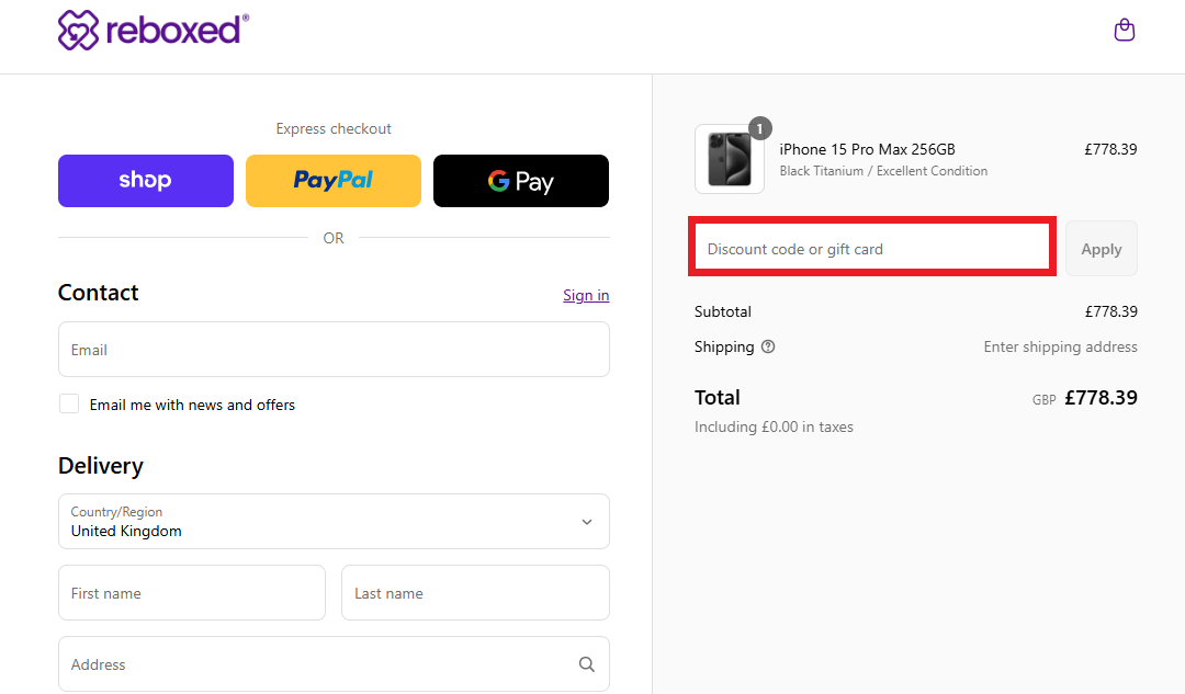 Reboxed discount code box in basket image