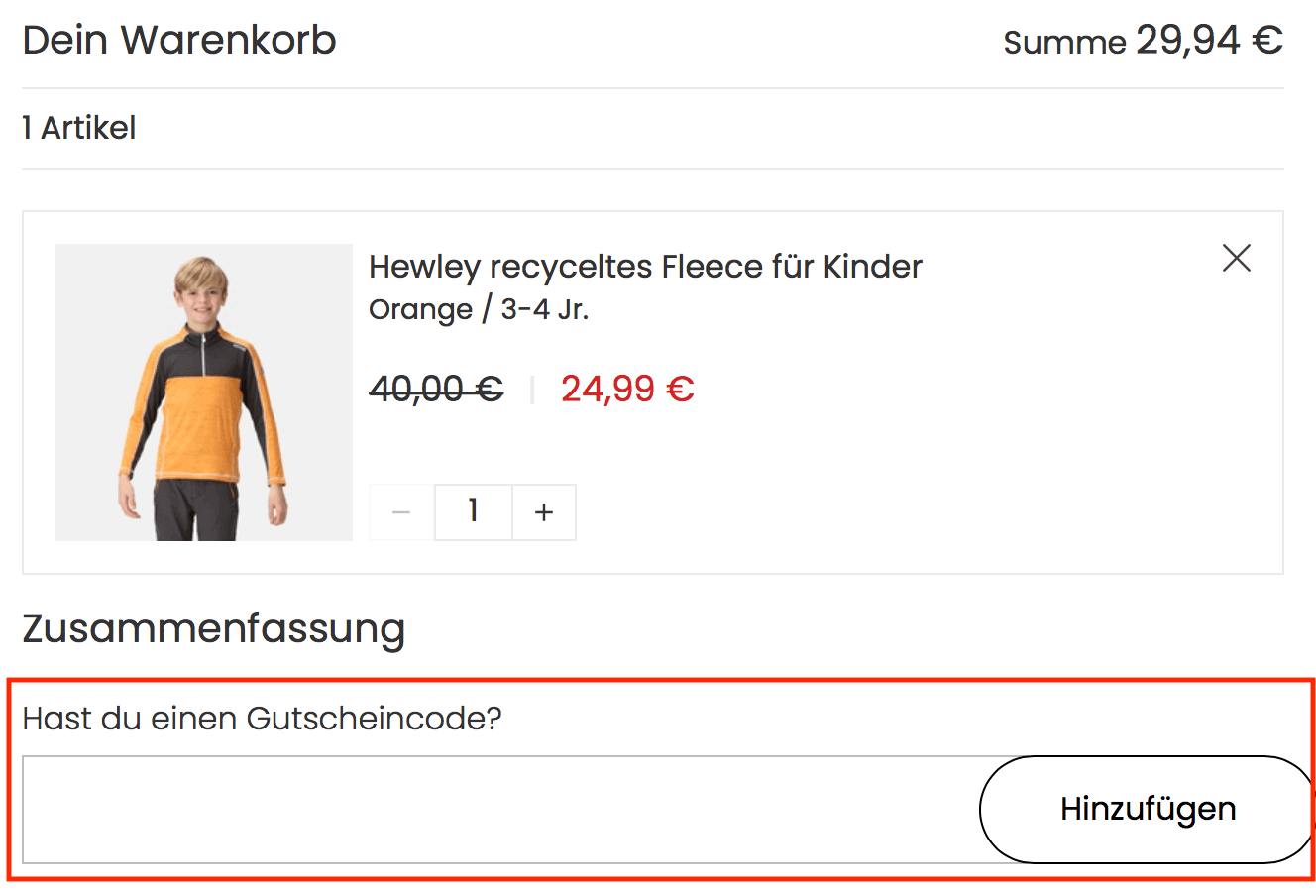 Eingabefeld für den Regatta Rabattcode im Warenkorb