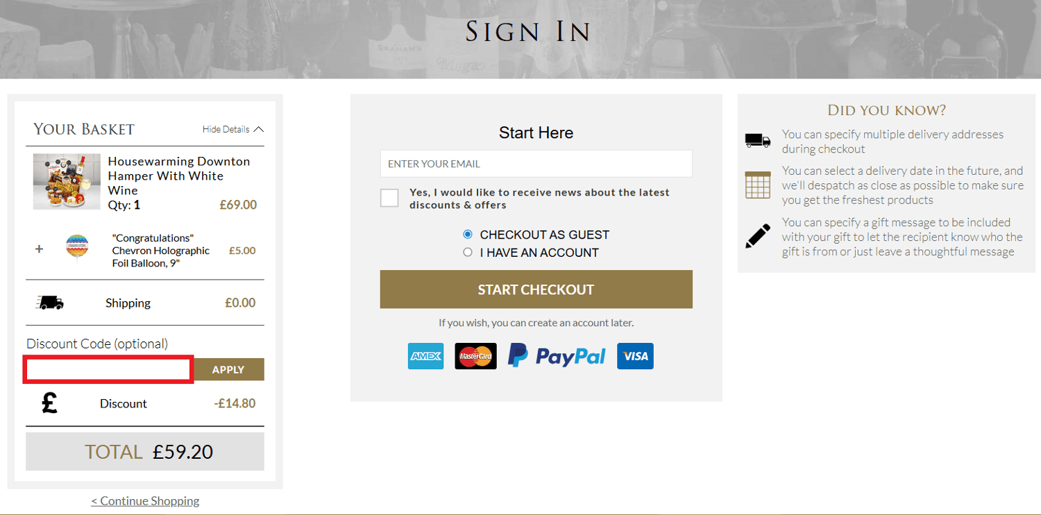 Regency Hampers discount code redemption image