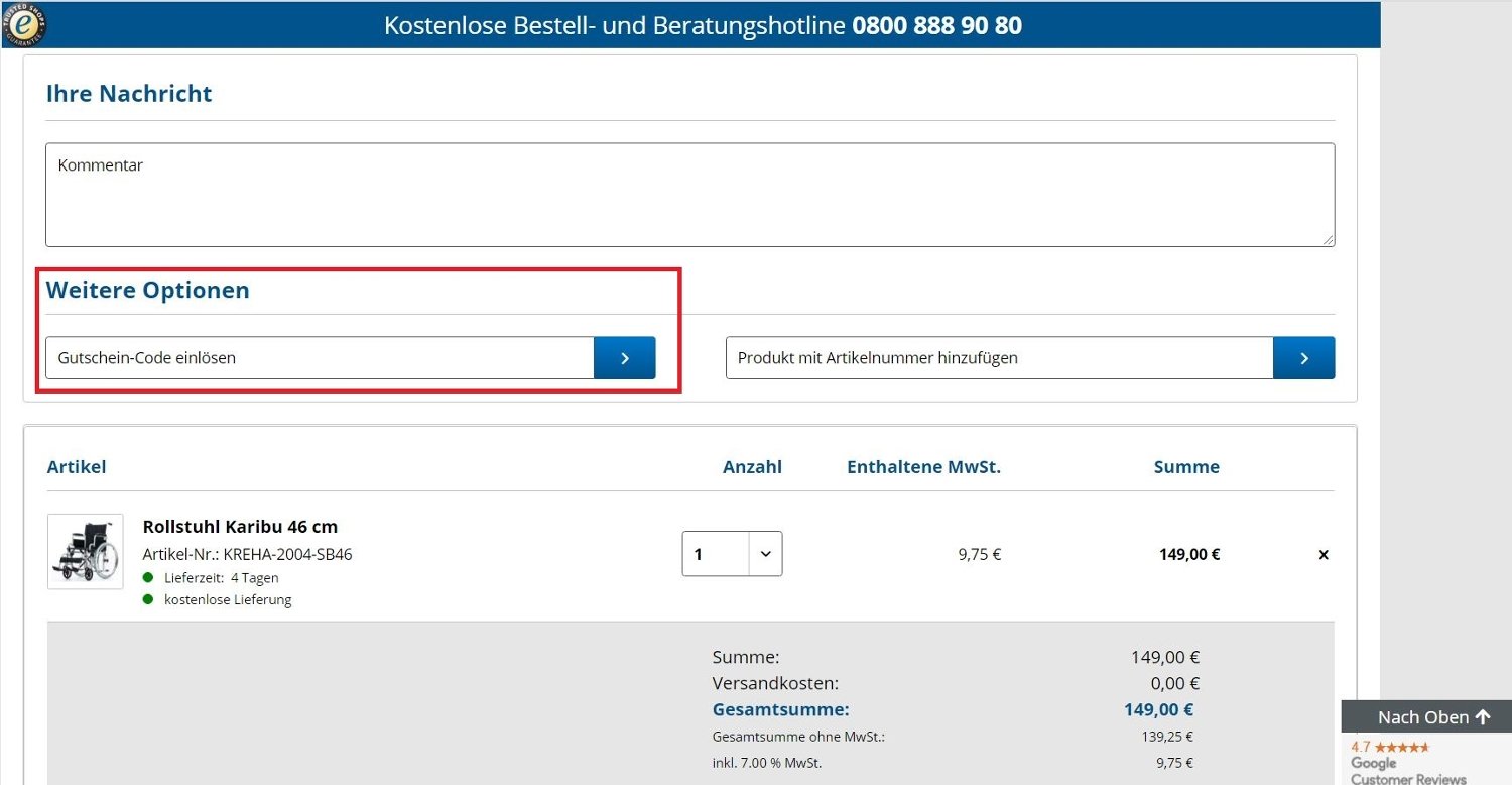 Rehashop-Gutschein im Warenkorb einlösen