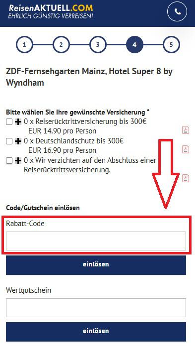 Screenshot vom Eingabefeld mit Hinweis darauf, wo du den ReisenAKTUELL.COM Gutschein einlösen kannst
