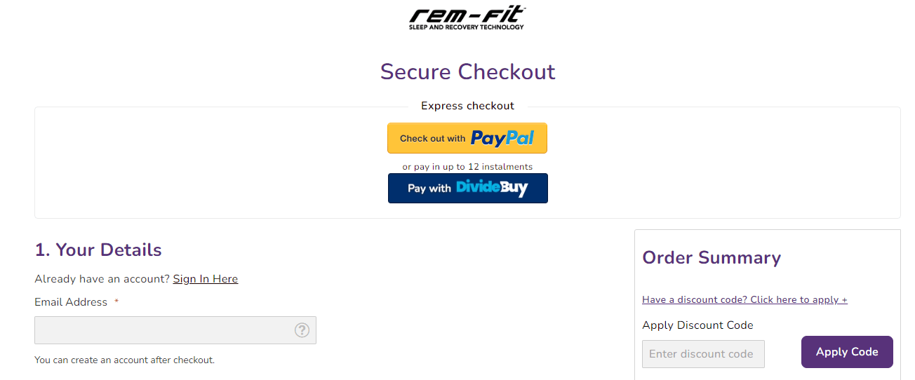 Rem-Fit discount code box on the checkout page