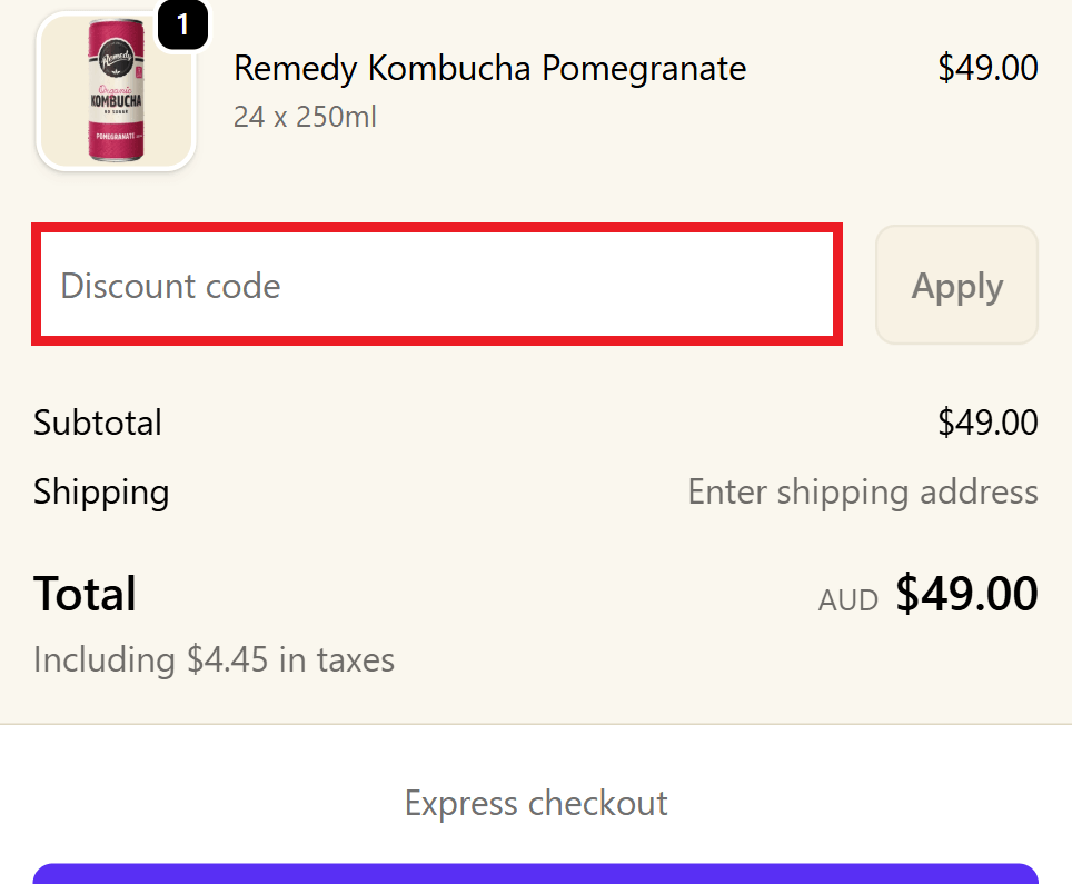 Remedy discount code box in shopping cart picture