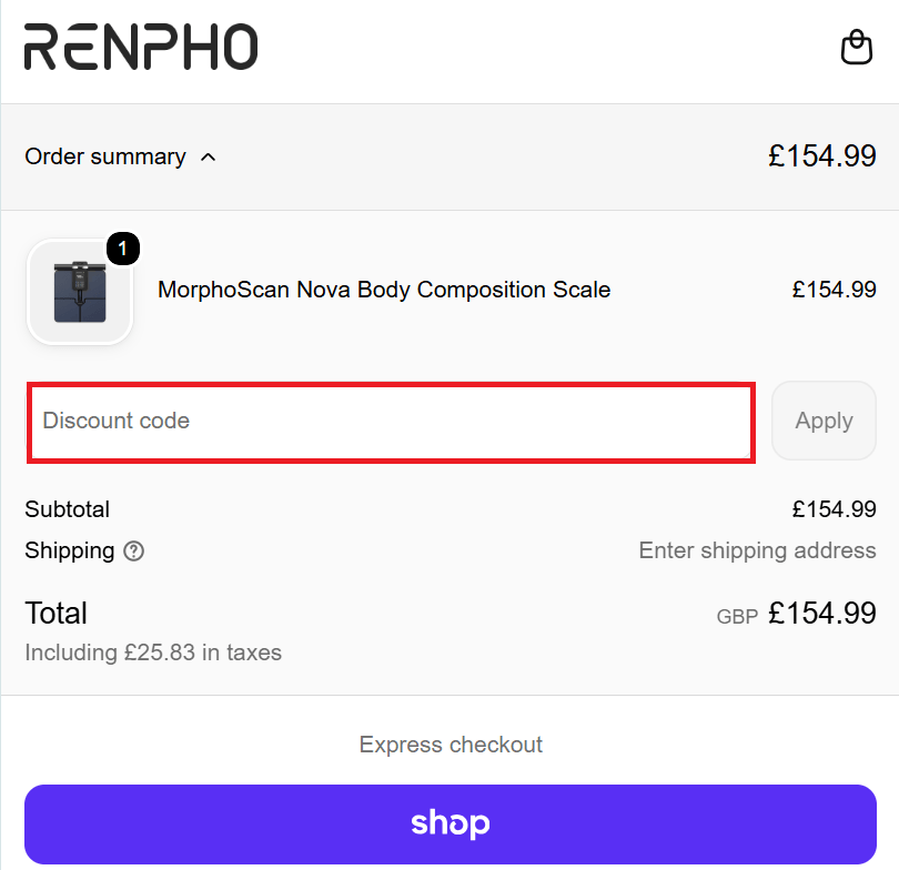 Renpho discount code box in shopping cart image