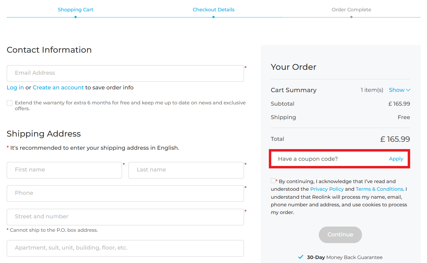 Reolink discount code box during checkout image