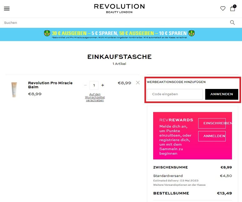 Screenshot aus dem Warenkorb mit Hinweis auf Anwendung vom Revolution Beauty Rabattcode