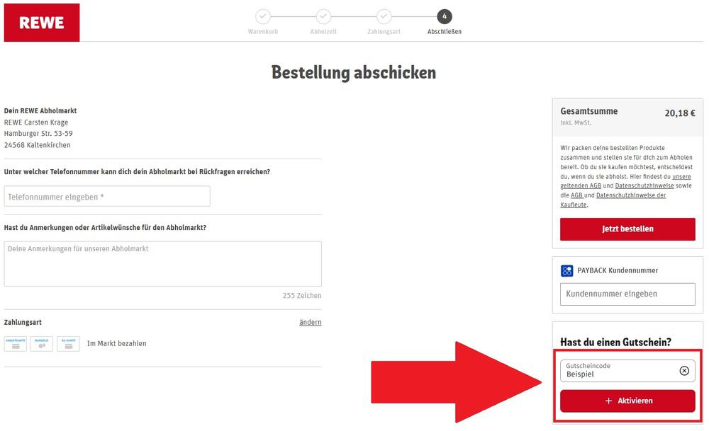 Eingabefeld für einen REWE Gutscheincode im letzten Bestellschritt