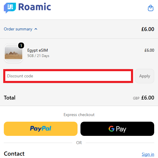 Roamic discount code box in shopping cart image