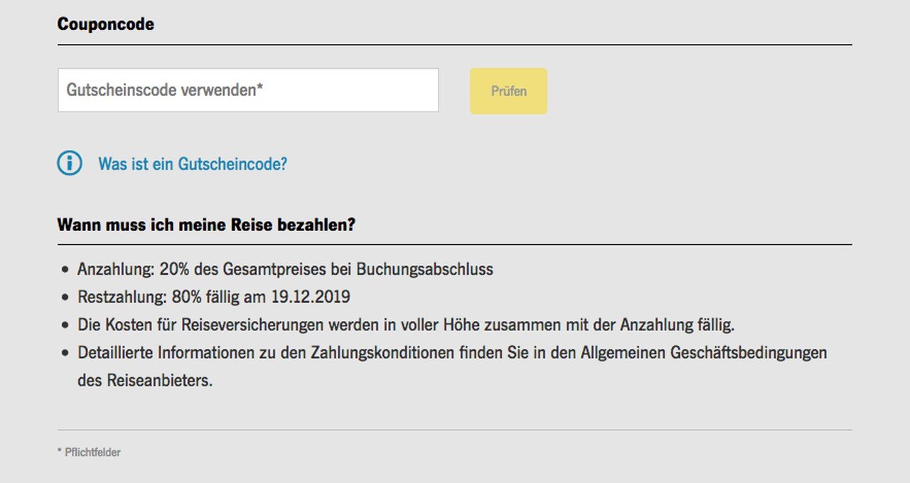 Eingabefeld für Robinson Angebot im Warenkorb