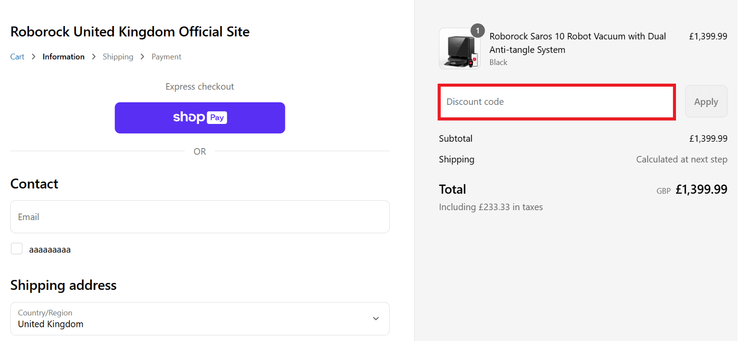 Roborock discount code box in shopping cart