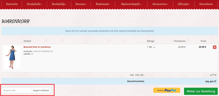 Eingabefeld für Rockabilly Clothing Gutschein im Warenkorb des Online Shops