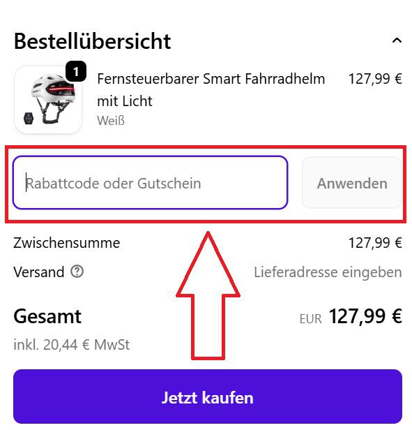 Screenshot vom Eingabefeld mit Hinweis darauf, wo du den ROCKBROS Gutschein einlösen kannst