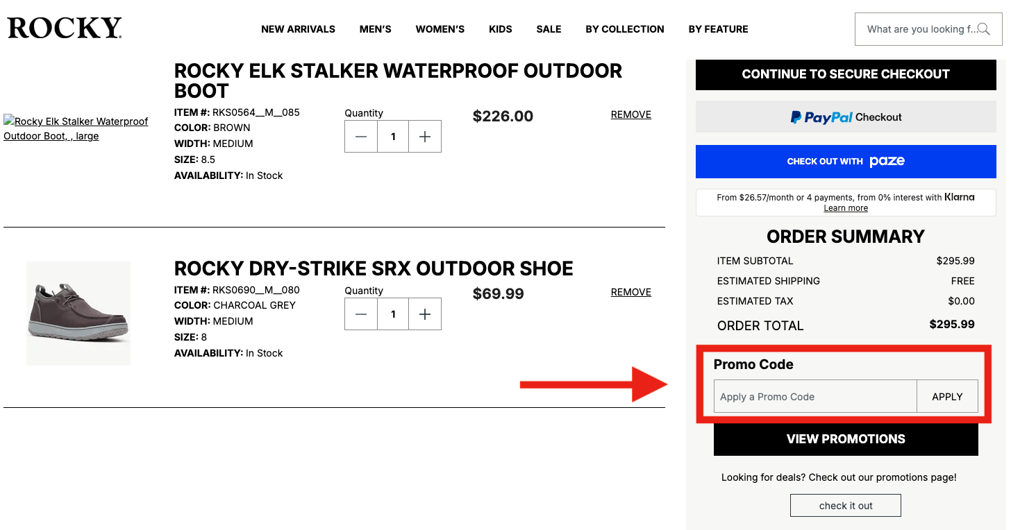 Rocky Boots coupon box on checkout page