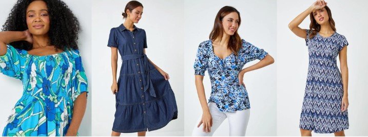 Roman Originals 2024 wardrobe refresh. 3 women wearing blue shade clothing