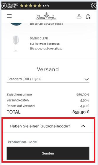 Eingabefeld für Rosenthal Gutscheincode in der Warenkorbansicht