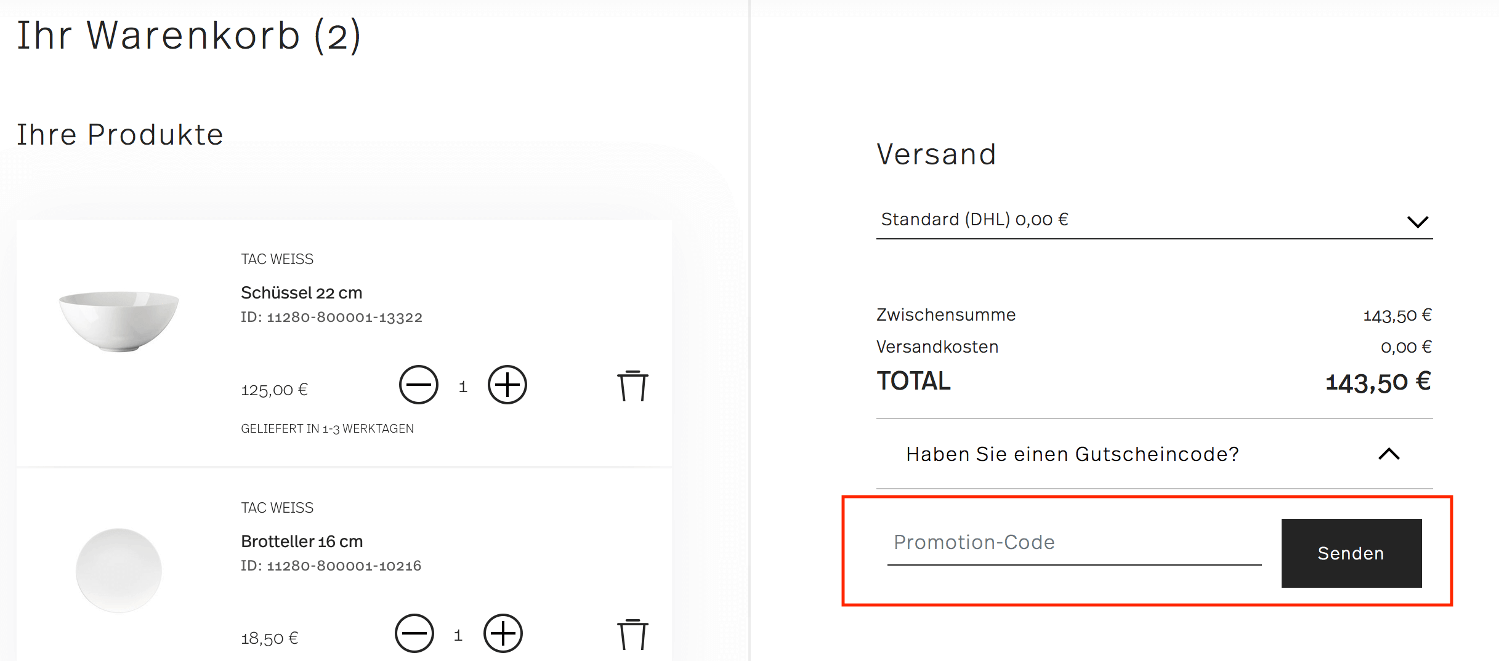 Eingabefeld für den Rosenthal Rabattcode im Warenkorb