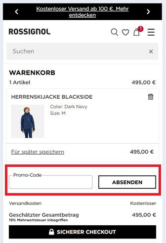 Warenkorb-Screenshot mit Eingabefeld für deinen Rossignol Gutschein