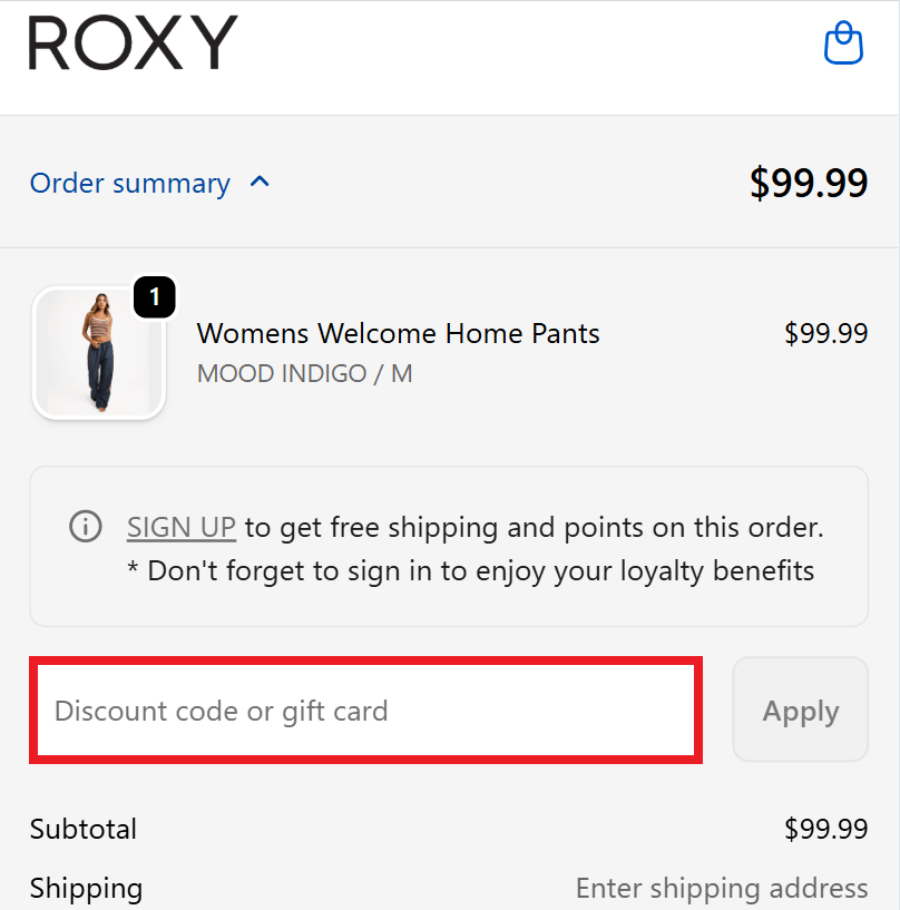 Roxy discount code redemption box image