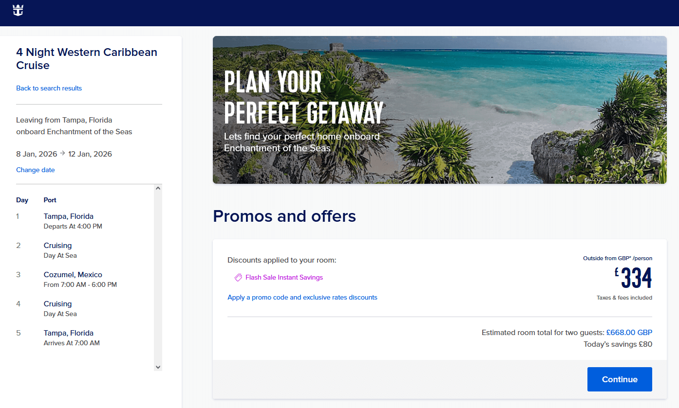 Screenshot of a Royal Caribbean promo code applied during the online booking process