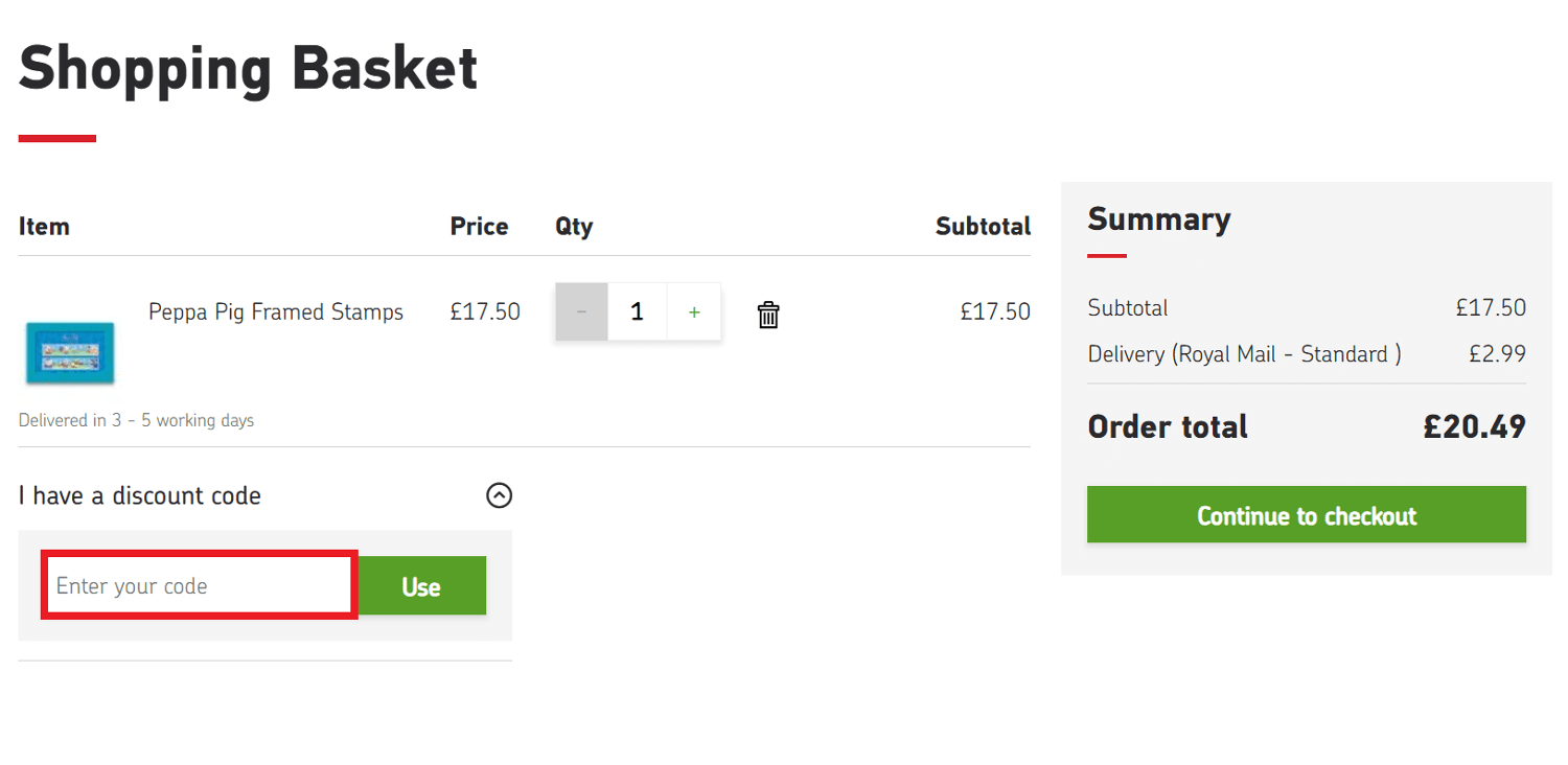 Royal Mail discount code redemption box image