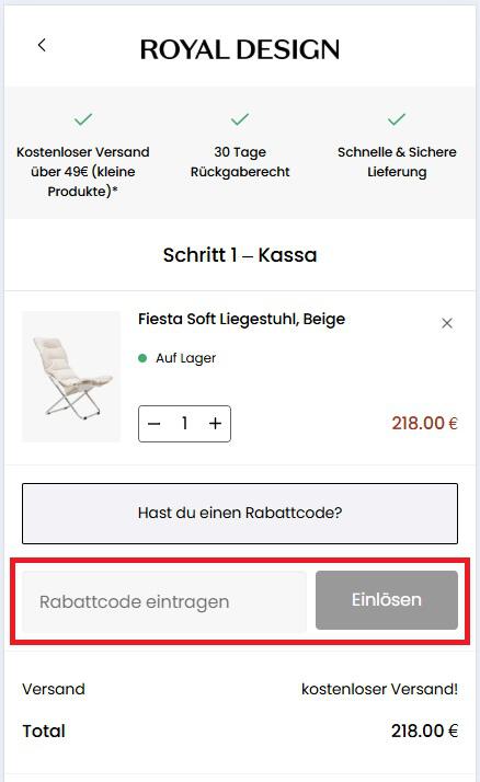 Screenshot vom Eingabefeld für den RoyalDesign Gutschein